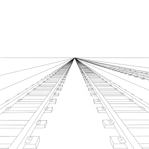 Desenho técnico mostrando trilhos de trem em perspectiva linear, ilustrando ponto de fuga e profundidade no horizonte