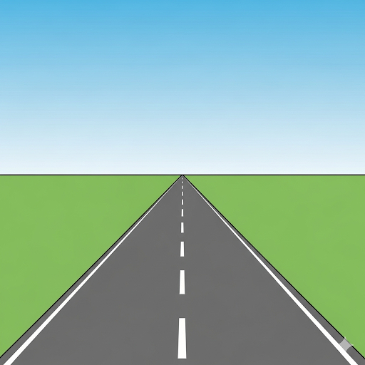Estrada asfaltada reta em perspectiva, cercada por áreas verdes e céu azul, simbolizando direção, foco e caminho para o futuro