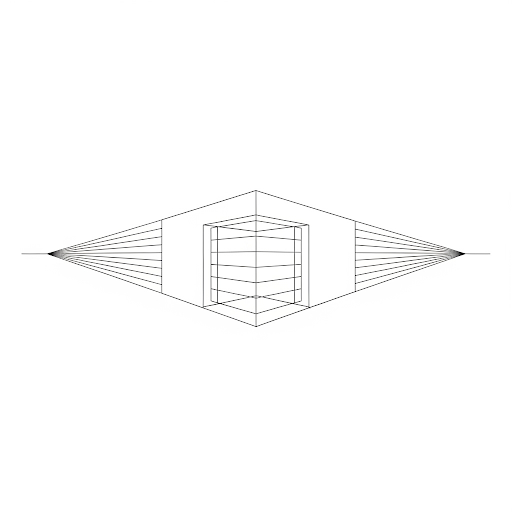 Desenho técnico em perspectiva de dois pontos de fuga mostrando um canto de parede com prateleiras, ilustrando profundidade e volume no desenho em perspectiva