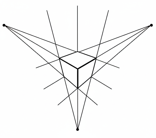 Desenho técnico mostrando cubo em perspectiva de três pontos de fuga, com linhas convergentes que demonstram profundidade, altura e volume no desenho em perspectiva