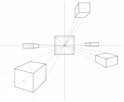 Desenho técnico com cubos projetados em diferentes posições a partir de um ponto central de fuga, ilustrando o conceito de perspectiva cônica e profundidade no desenho em perspectiva