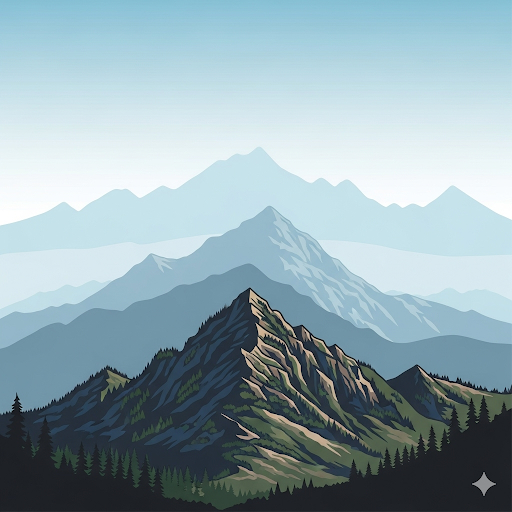 Ilustração de montanhas em camadas com florestas na base e tons azulados ao fundo, demonstrando profundidade e perspectiva atmosférica no desenho paisagístico
