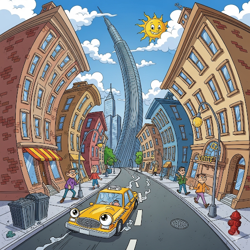 Ilustração em estilo cartoon de rua com prédios curvados, sol sorridente e táxi animado, representando o uso de perspectiva cômica e distorção visual no desenho