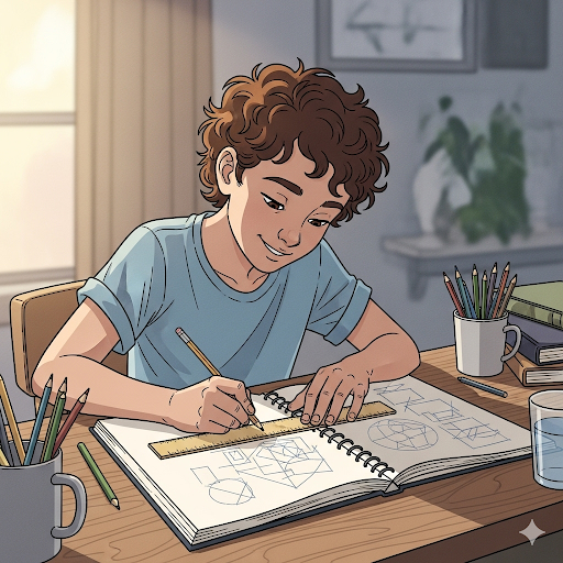 Ilustração de criança desenhando com régua e lápis em caderno de esboços, estudando formas geométricas e perspectiva em ambiente criativo e iluminado