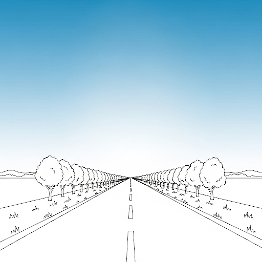 Desenho em perspectiva linear mostrando estrada reta ladeada por árvores, convergindo para o ponto de fuga no horizonte sob um céu azul