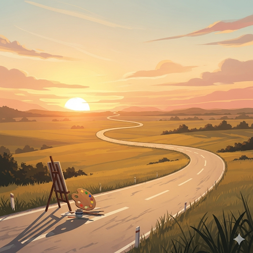 Ilustração de estrada sinuosa ao pôr do sol com cavalete e paleta de pintura à beira da via, simbolizando inspiração artística, perspectiva e jornada criativa