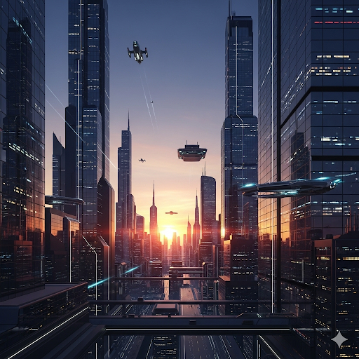 Ilustração futurista de cidade com arranha-céus de vidro, carros voadores e pôr do sol ao fundo, demonstrando perspectiva linear e profundidade em ambiente urbano tecnológico