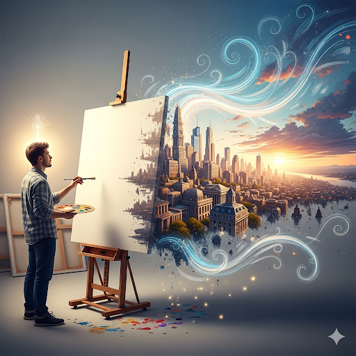 Ilustração surreal de artista pintando cidade que ganha vida na tela, com luz, cores e elementos fluídos simbolizando criatividade, imaginação e profundidade artística