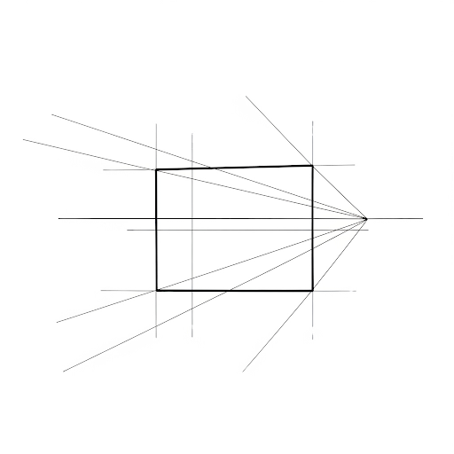 Desenho técnico de um cubo em perspectiva de um ponto de fuga, com linhas-guia convergindo no horizonte para ilustrar profundidade e proporção no desenho em perspectiva.