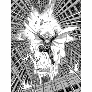 Cena de mangá em preto e branco mostrando super-herói voando entre arranha-céus em perspectiva extrema, com linhas dinâmicas que destacam movimento e profundidade