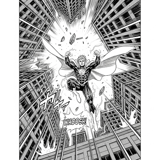 Cena de mangá em preto e branco mostrando super-herói voando entre arranha-céus em perspectiva extrema, com linhas dinâmicas que destacam movimento e profundidade