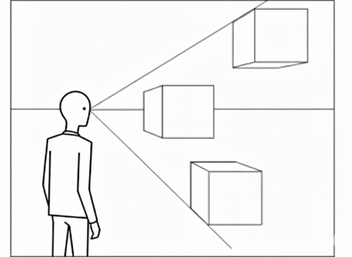 Ilustração mostrando figura humana observando cubos alinhados ao ponto de fuga, representando o conceito de perspectiva linear no desenho