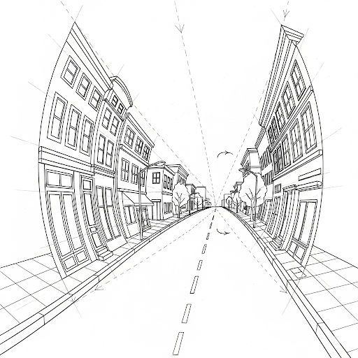 Desenho técnico de uma rua com prédios em perspectiva curvilínea, mostrando profundidade e distorção visual em um estudo avançado de perspectiva cônica.