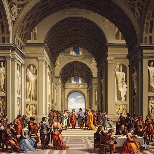 Pintura renascentista retratando filósofos e estudiosos reunidos em um grande salão com arquitetura clássica, arcos e esculturas. A cena simboliza o encontro entre arte, conhecimento e razão, em um ambiente iluminado e harmonioso