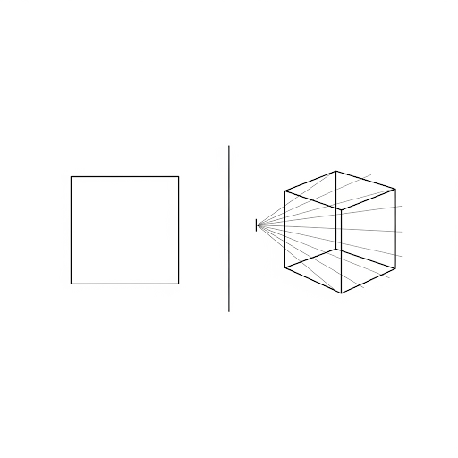 Desenho técnico mostrando a projeção de um quadrado em um cubo com linhas de profundidade, ilustrando o princípio da perspectiva linear e o ponto de fuga