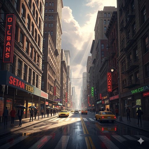 Ilustração realista de rua urbana com prédios altos, luz natural incidindo entre os edifícios e carros em perspectiva linear, destacando profundidade e composição arquitetônica.