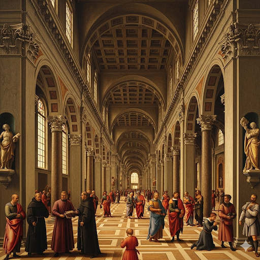 Pintura renascentista mostrando salão com arcos e colunas em perspectiva linear, repleto de figuras humanas em trajes clássicos, ilustrando profundidade e harmonia arquitetônica