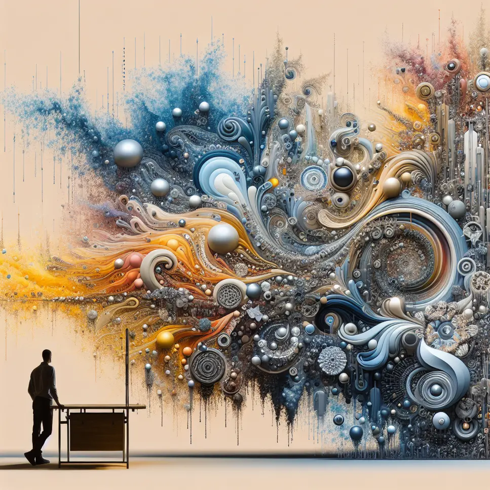 PESSOA VENDO UMA ARTE ABSTRATA NUMGRANDE QUADRO NA PAREDE
