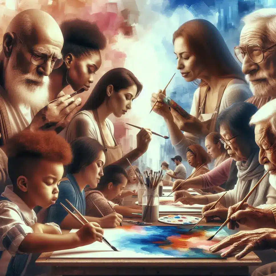 imagem gerada por IA com pessoas de todas as idades, com pincéis nas mãos, pintado
