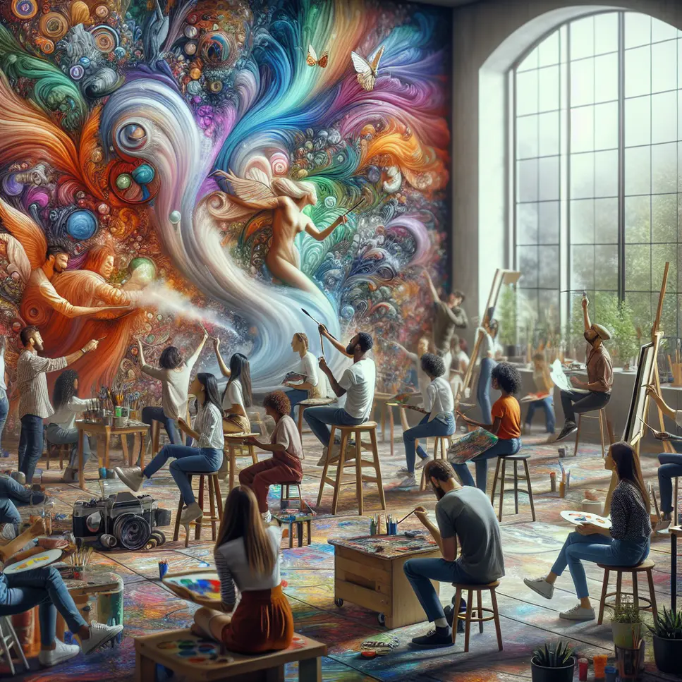 imagem gerada por ia - artistas numa sala pintando criação livre