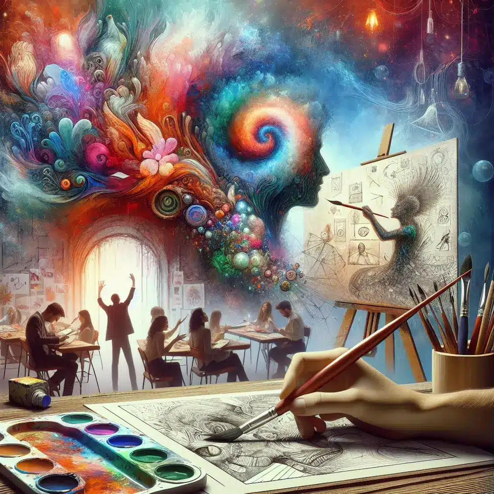 imagem gerada por IA de uma pessoa pintando e sua imaginação fuindo